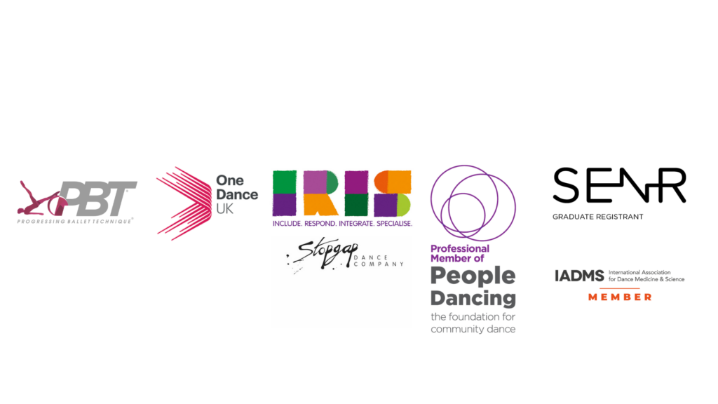 Image of professional logos: PBT, One dance UK, IRIS, Stopgap Dance Company, Senr, IADMS and professional memebrship of people dancing