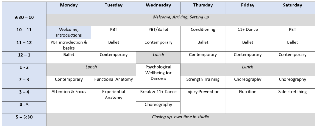 Intensive week timetable, please email us for a accessible version